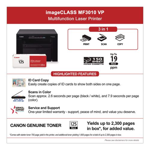 Image of Canon® 5252B037 imageCLASS MF3010VP Wireless Multifunction Laser Printer, Copy/Print/Scan