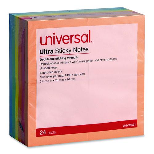 Image of Universal® 2095545 Ultra Sticky Note Pads, 3" x 3", Assorted, 100 Sheets/Pad, 24 Pads/Pack