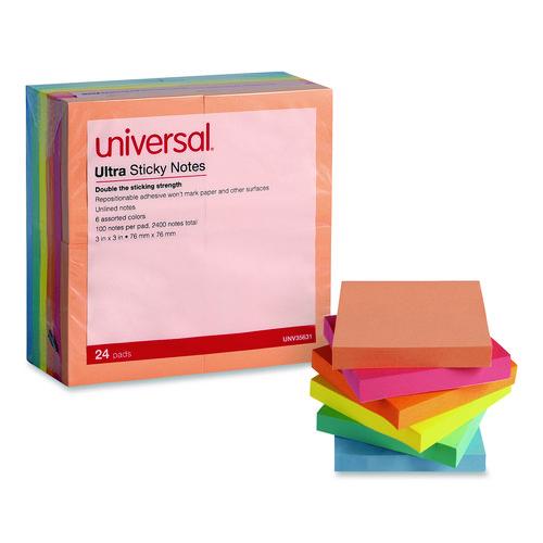 Image of Universal® 2095545 Ultra Sticky Note Pads, 3" x 3", Assorted, 100 Sheets/Pad, 24 Pads/Pack