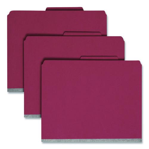 Image of Smead Six-Section Pressboard Top Tab Classification Folders, Six SafeSHIELD Fasteners, 2 Dividers, Letter Size, Bright Red, 10/Box