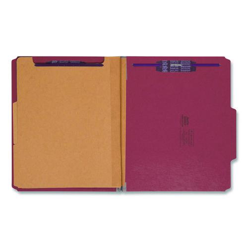 Image of Smead Six-Section Pressboard Top Tab Classification Folders, Six SafeSHIELD Fasteners, 2 Dividers, Letter Size, Bright Red, 10/Box