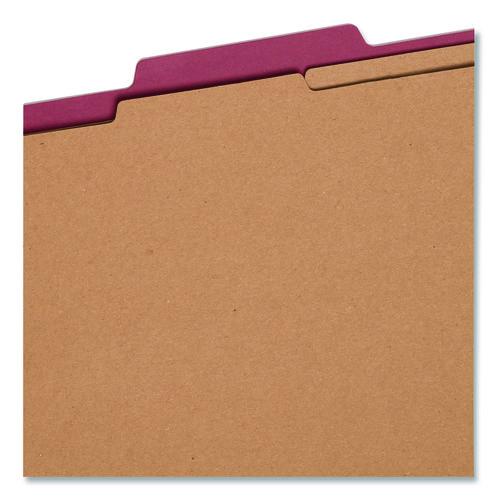 Image of Smead Six-Section Pressboard Top Tab Classification Folders, Six SafeSHIELD Fasteners, 2 Dividers, Letter Size, Bright Red, 10/Box