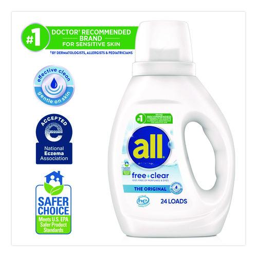 Image of all® 7261347427 Free Clear HE Laundry Detergent, 24 Loads, Unscented, 30 oz Bottle, 6/Carton