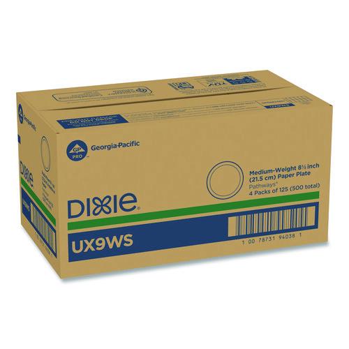 Image of Dixie® UX9WS Pathways Soak-Proof Shield Mediumweight Paper Plates, Wisesize, 8.5" Dia, Green/burgundy, 125/pack, 4 Packs/carton