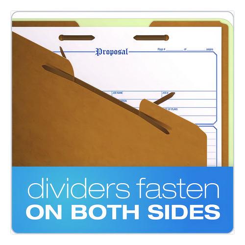 Image of Pendaflex® 17176EE Pressboard Top Tab Classification Folders, 2/5-Cut Tab, Expands 2.5", 2 Dividers, 6 Fasteners, Legal Size, Light Green, 10/BX