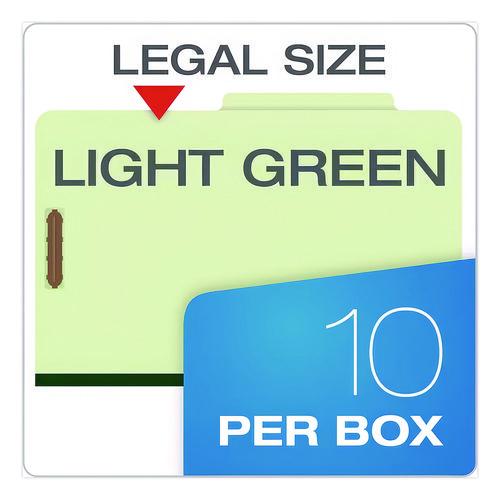 Image of Pendaflex® 17176EE Pressboard Top Tab Classification Folders, 2/5-Cut Tab, Expands 2.5", 2 Dividers, 6 Fasteners, Legal Size, Light Green, 10/BX