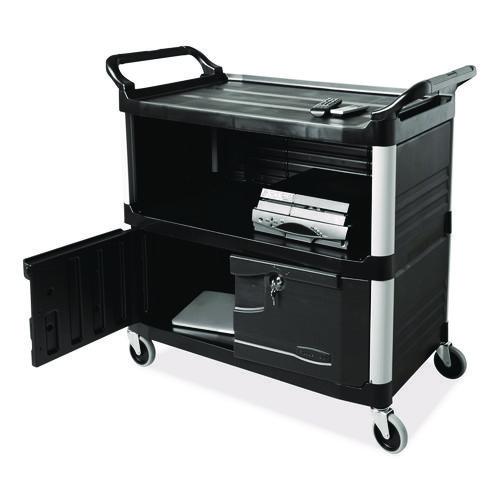 Image of Rubbermaid® Commercial FG409500BLA Xtra Equipment Cart, Plastic, 3 Shelves, 300 lb Capacity, 20.75" x 40.63" x 37.8", Black