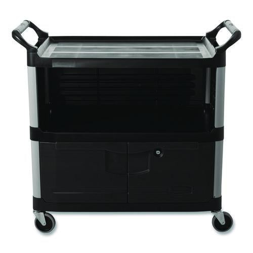 Image of Rubbermaid® Commercial FG409500BLA Xtra Equipment Cart, Plastic, 3 Shelves, 300 lb Capacity, 20.75" x 40.63" x 37.8", Black