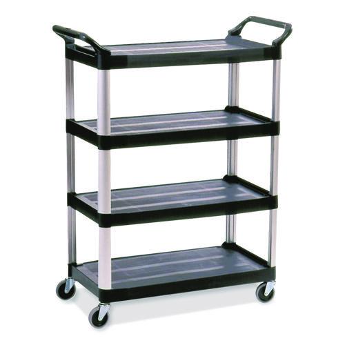 Image of Rubbermaid® Commercial FG409600BLA Xtra Utility Cart with Open Sides, Plastic, 4 Shelves, 400 lb Capacity, 40.63" x 20" x 51", Black