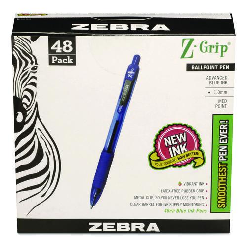 Image of Zebra® ZEB22248 Z-Grip Ballpoint Pen, Retractable, Medium 1 mm, Blue Ink, Blue/Clear Barrel, 48/Pack