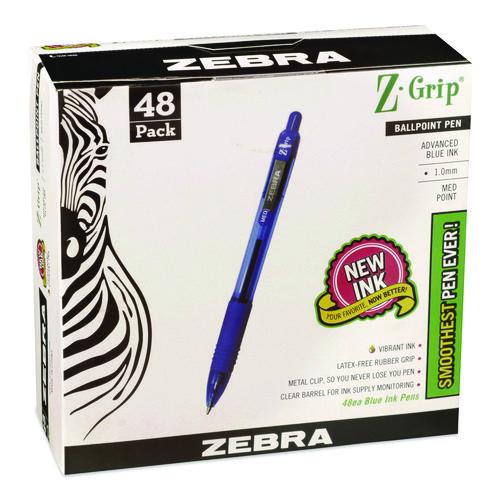 Image of Zebra® ZEB22248 Z-Grip Ballpoint Pen, Retractable, Medium 1 mm, Blue Ink, Blue/Clear Barrel, 48/Pack
