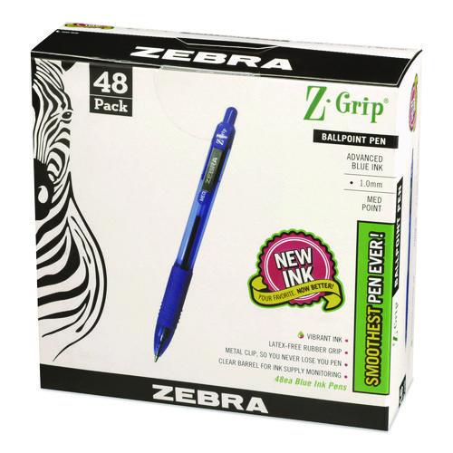 Image of Zebra® ZEB22248 Z-Grip Ballpoint Pen, Retractable, Medium 1 mm, Blue Ink, Blue/Clear Barrel, 48/Pack