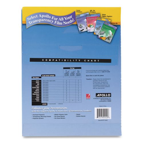 Image of Apollo® VPP100CE-A Plain Paper Transparency Film, 8.5 X 11, Black On Clear, 100/box