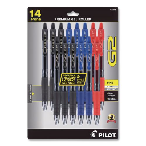 Image of PilotÂ® G2 Premium Gel Pen, Retractable, Fine 0.7 mm, Assorted Business Ink and Barrel Colors, 14/Pack