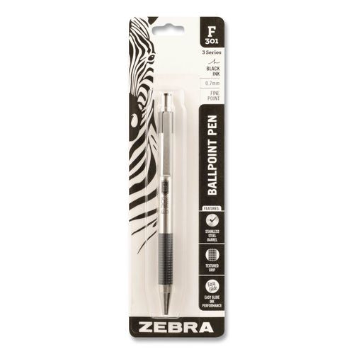 Image of Zebra® ZEB27111 F-301 Ballpoint Pen, Retractable, Fine 0.7 mm, Black Ink, Stainless Steel/Black Barrel