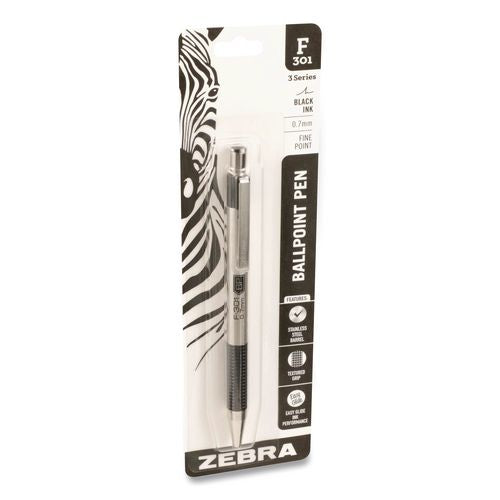 Image of Zebra® ZEB27111 F-301 Ballpoint Pen, Retractable, Fine 0.7 mm, Black Ink, Stainless Steel/Black Barrel