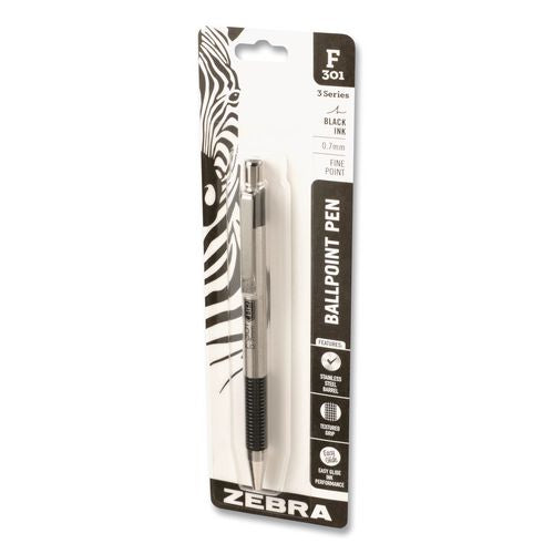 Image of Zebra® ZEB27111 F-301 Ballpoint Pen, Retractable, Fine 0.7 mm, Black Ink, Stainless Steel/Black Barrel