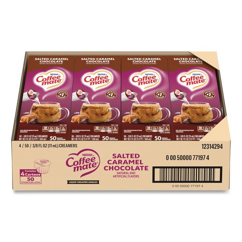 Image of Coffee mate® 12314294 Liquid Coffee Creamer, Salted Caramel Chocolate, 0.38 oz Mini Cups, 50/Box, 4 Boxes/Carton