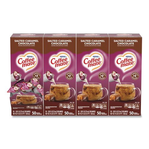 Image of Coffee mate® 12314294 Liquid Coffee Creamer, Salted Caramel Chocolate, 0.38 oz Mini Cups, 50/Box, 4 Boxes/Carton