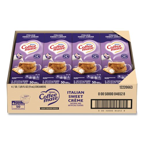 Image of Coffee mate® 12220663 Liquid Coffee Creamer, Italian Sweet Cream, 0.38 oz Mini Cups, 50/Box, 4 Boxes/Carton