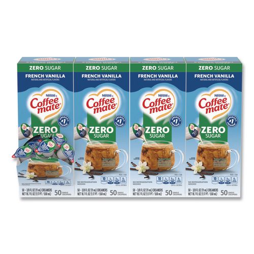Image of Coffee mate® 12183747 Liquid Coffee Creamer, Zero Sugar French Vanilla, 0.38 oz Mini Cups, 50/Box, 4 Boxes/Carton