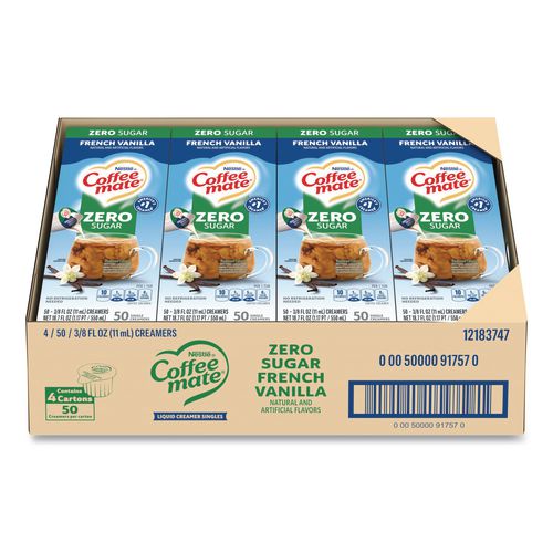 Image of Coffee mate® 12183747 Liquid Coffee Creamer, Zero Sugar French Vanilla, 0.38 oz Mini Cups, 50/Box, 4 Boxes/Carton