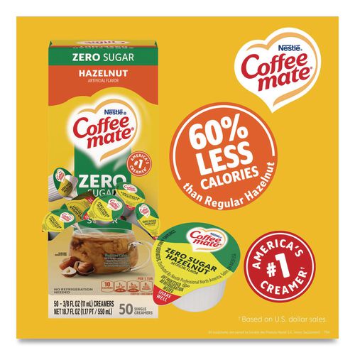 Image of Coffee mate® 12434680 Liquid Coffee Creamer, Zero Sugar Hazelnut, 0.38 oz Mini Cups, 50/Box, 4 Boxes/Carton