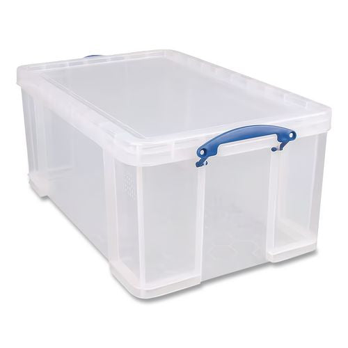 Image of Really Useful Box® 64CCB Snap-Lid Storage Bin, 16.9 Gal, 17.31" X 28" X 12.25", Clear/blue
