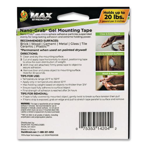 Image of Duck® 287264 MAX Strength Nano-Grab Double-Sided Gel Tape, 0.94" x 5 ft, Clear