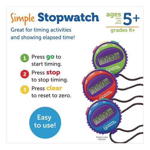 Image of Learning Resources® LER0808 Simple Stopwatch, Accurate to 1/100 Second, Blue Stopwatch, Black Lanyard