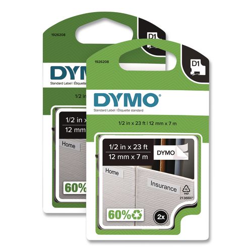 Image of DYMO® 1926208 D1 Standard Labels, 0.5" x 23 ft, Black Print on White Tape, 2/Pack
