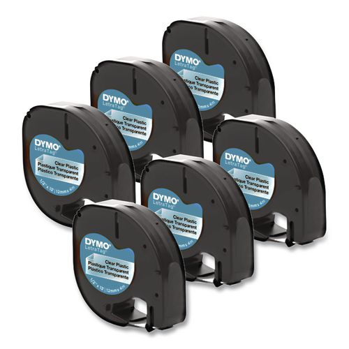 Image of DYMO® 2050824 LetraTag Plastic Label Tape Cassette, 0.5" x 13 ft, Black on Clear, 6/Pack