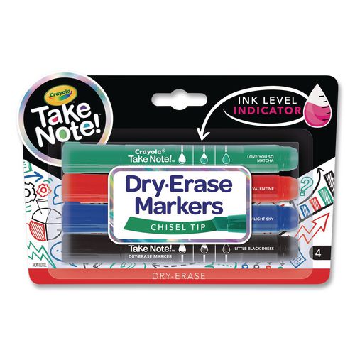 Image of Crayola® 58-6543 Take Note Dry Erase Markers, Chisel Tip, Assorted Colors, 4/Set