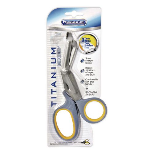 Image of First Aid Only 90292 Titanium-Bonded Angled Medical Shears, 7" Long, 3" Cut Length, Crane-Style Gray/Yellow Handle