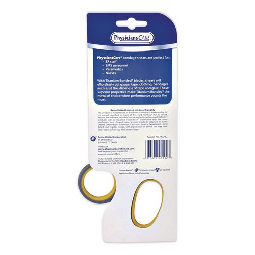 Image of First Aid Only 90292 Titanium-Bonded Angled Medical Shears, 7" Long, 3" Cut Length, Crane-Style Gray/Yellow Handle