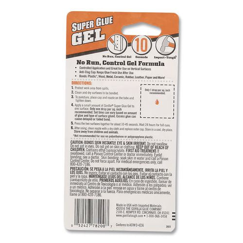 Image of Gorilla® 7820001 Super Glue Gel, Two 0.11 Oz Tubes, Dries Clear
