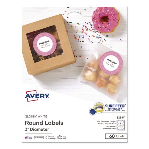 Image of Avery® 22891 Sure Feed Glossy Labels, 3" dia, White, 8 Labels/Sheet, 10 Sheets Pack