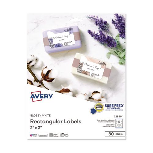 Image of Avery® 22890 Sure Feed Glossy Labels, 2 x 3, White, 8 Labels/Sheet, 10 Sheets Pack