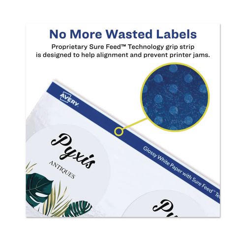 Image of Avery® 22891 Sure Feed Glossy Labels, 3" dia, White, 8 Labels/Sheet, 10 Sheets Pack