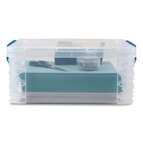 Image of Advantus 39811 Super Stacker Lift-Off Lid Storage Tote, 14.25 x 10.3 x 6.5, Transparent/Blue