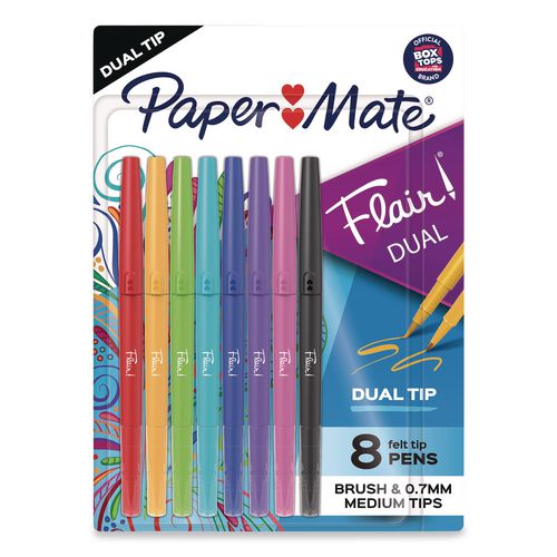 Image of Paper Mate® 2181604 Flair Dual Porous Point Pen, Stick, Medium 0.7 mm Bullet, Pressure-Sensitive Brush, Assorted Ink and Barrel Colors, 8/Pack