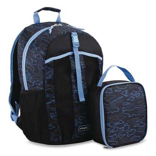Image of FUEL 110592ST-OC2 Bijoux Deluxe Backpack and Lunch Bag Bundle, 15.5" Laptop Sleeve, 12" x 8" x 18.5" and 7.5" x 4.25" x 9", Black/Blue Camo