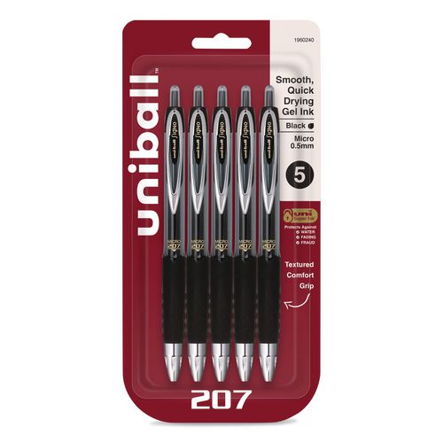 Image of uniball® 1960240 Signo 207 Gel Pen, Retractable, Fine 0.5 mm, Black Ink, Smoke/Black Barrel, 5/Pack