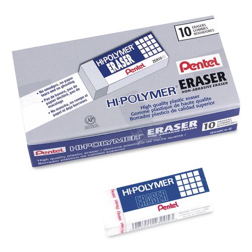 Image of Pentel® ZEH10PC10 Hi-Polymer Eraser, For Pencil Marks, Rectangular Block, White, 10/Box