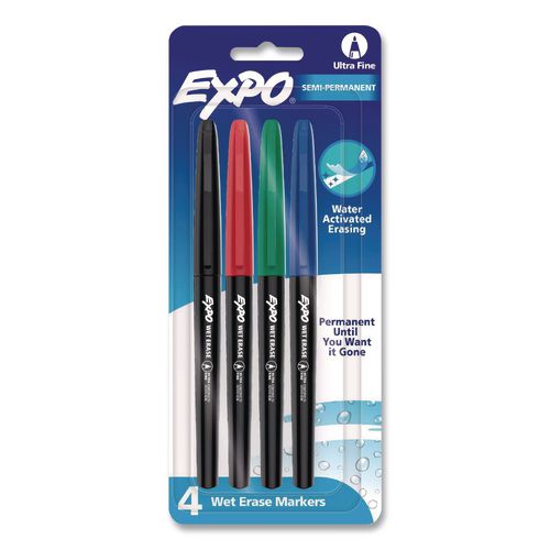 Image of EXPO® 2134341A Wet Erase Marker, Ultra Fine Bullet Tip, Assorted Colors, 4/Set