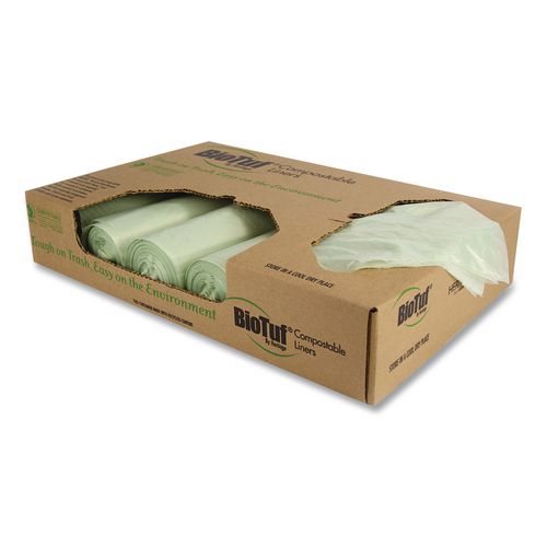 Image of Heritage Y7658TE R01 Biotuf Compostable Can Liners, 60 gal, 0.9 mil, 38" x 58", Green, 20 Bags/Roll, 5 Rolls/Carton