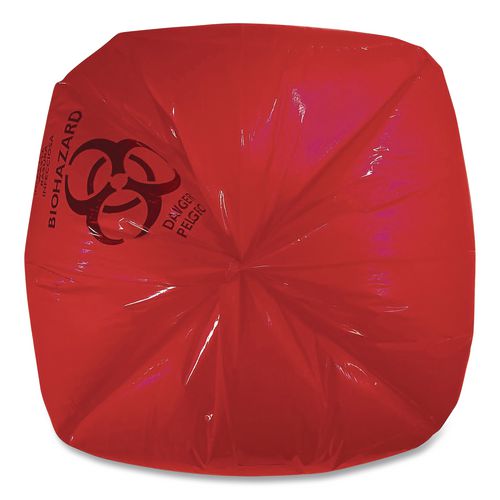 Image of Heritage A6043ZR Healthcare Biohazard Printed Low-Density Can Liners, Infectious Waste, 30 gal, 3 mil, 30" x 43", Red, 100/Carton
