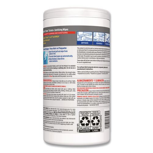 Image of Clorox® 60724 CloroxPro ScreenPlus Screen Sanitizing Wipes, 6 x 8, Citrus Blend, White, 75/Canister, 6 Canisters/Carton
