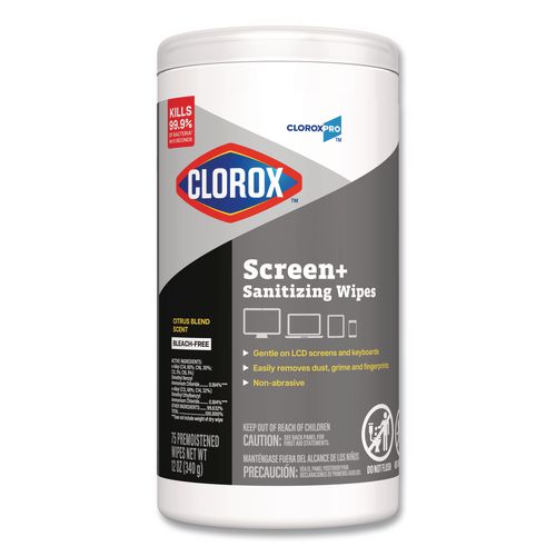 Image of Clorox® 60724 CloroxPro ScreenPlus Screen Sanitizing Wipes, 6 x 8, Citrus Blend, White, 75/Canister, 6 Canisters/Carton