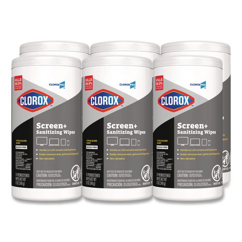 Image of Clorox® 60724 CloroxPro ScreenPlus Screen Sanitizing Wipes, 6 x 8, Citrus Blend, White, 75/Canister, 6 Canisters/Carton
